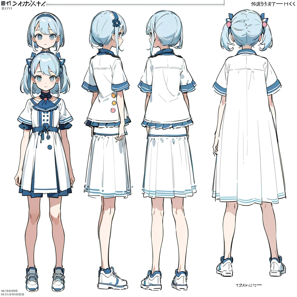 (masterpiece, best quality) detailed, girl, twins, a blank look, kawaii, drawing reference, reference, lineart, colored sketch (character design sheet, same character, full body, 3views, front, side, back)