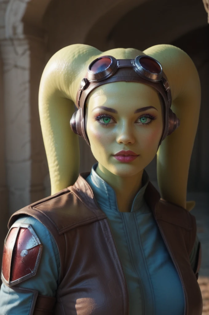 a ((fall body)) (((hera syndulla))) ((green skin )) ((female twi'lek ))mandalorian,walking on snow coverd ruins , ((green fire eyes )) , beautiful detailed eyes, beautiful detailed lips, extremely detailed face, long eyelashes, mandalorian armor, sci-fi, cinematic lighting, dramatic, epic, intricate details, hyper-realistic, 8k, high-quality, photorealistic
