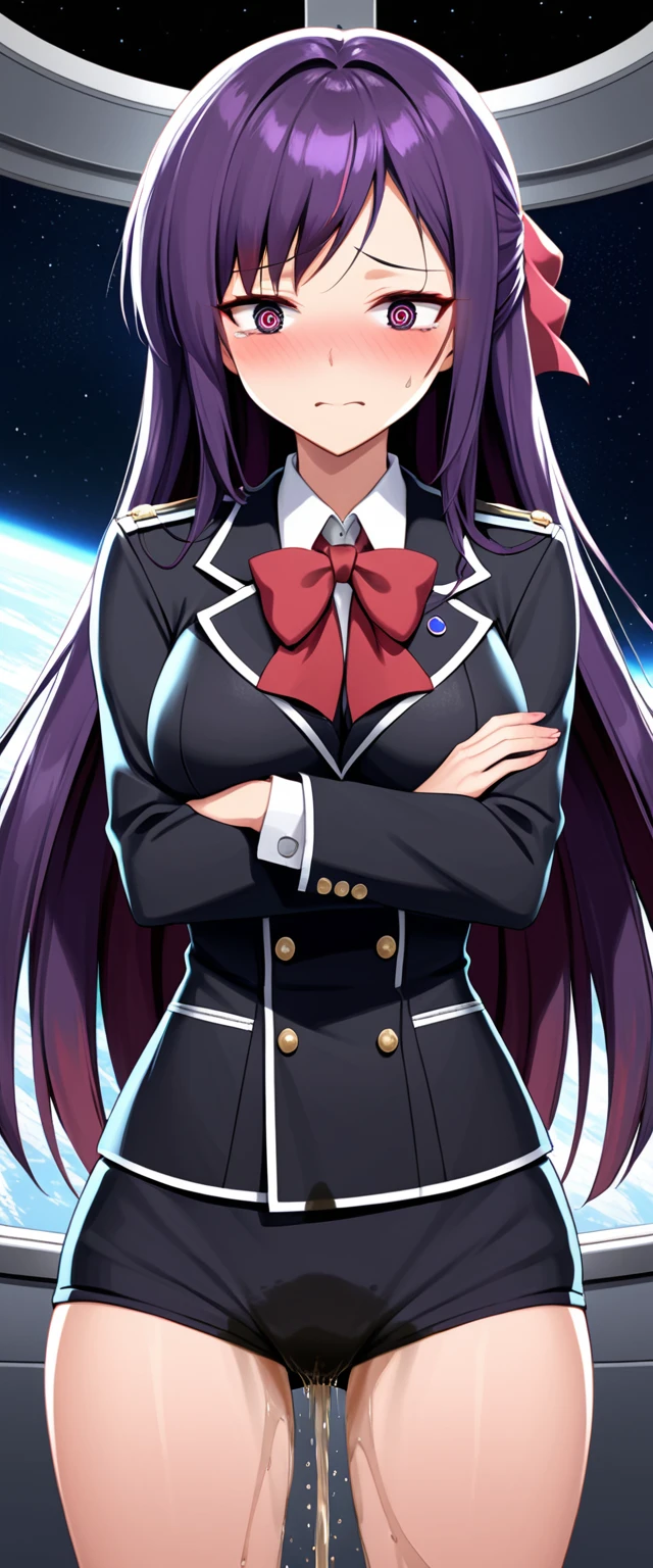 (high quality,Very detailed:1.37, High resolution), Woman, (mature:2.0), (Sakaki Yumiko:2.0), (very long hair:1.5), (purple hair:1.5), purple eyes, large breasts, military uniform, pants, (wetting herself:1.5), standing, (arms crossed:1.5), (embarrassed:1.5), (humiliation:1.5), (constricted pupils:1.5), (sweating:1.5), shaking, (trembling:1.5), (blushing:1.5), Meticulous details, (extremely detailed eys:1.37), space station, interior, science fiction, futuristic