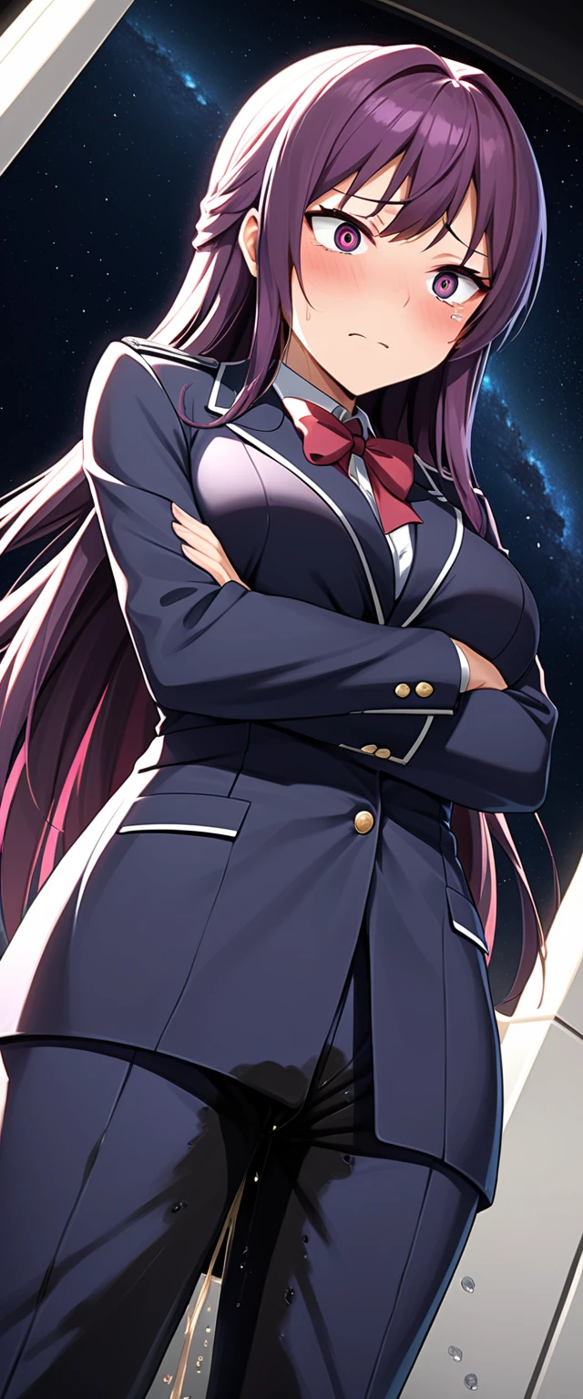 (high quality,Very detailed:1.37, High resolution), Woman, (mature:2.0), (Sakaki Yumiko:2.0), (very long hair:1.5), (purple hair:1.5), purple eyes, large breasts, military uniform, pants, (wetting herself:1.5), standing, (arms crossed:1.5), (embarrassed:1.5), (humiliation:1.5), (constricted pupils:1.5), (sweating:1.5), shaking, (trembling:1.5), (blushing:1.5), Meticulous details, (extremely detailed eys:1.37), space station, interior, science fiction, futuristic