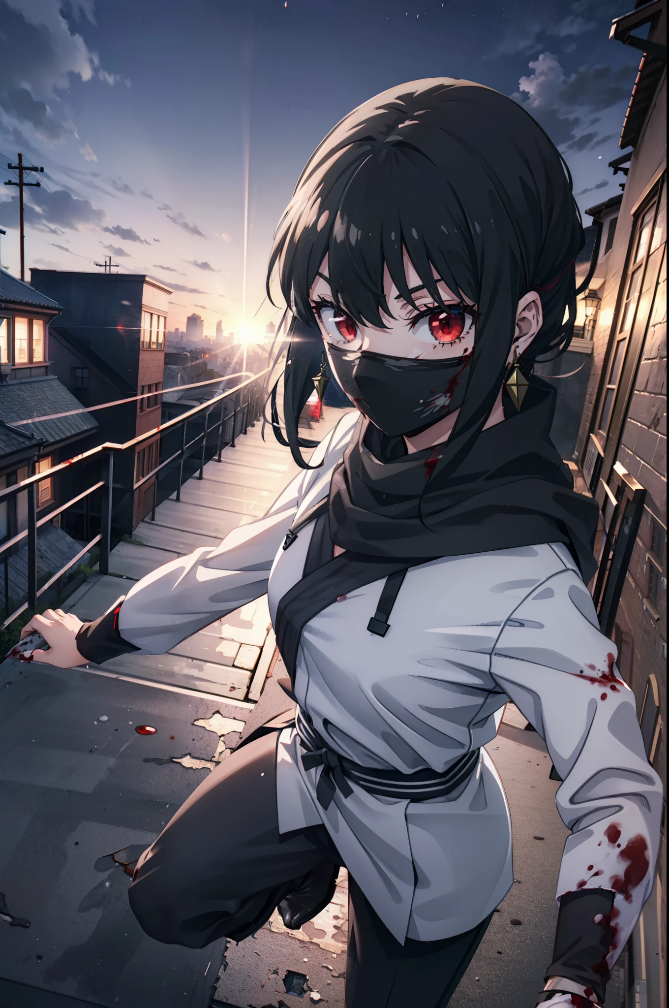 Yorbraia, Yor Briar, Black Hair, (Red eyes:1.5), Earrings, gold hair band, hair band, Long Hair, Side Lock, (Medium chest:1.2), Shadowed face,Hooded,Cover your mouth with a black scarf,strict,black Ninja uniform,Ninja,black Ninja pants,short boots,Action pose,Overlooking the city from the roof of the building,moon,moon明かり,night,moon光,whole bodyがイラストに入るように,Psychopath horror、Bloody、blood droplets,murder scene, Serial killer, Covered in blood　　　　　　　　　　　　　　　 break looking at viewer, whole body, 　　　　　　　　break outdoors ,Medieval European-style building, 　　　break (masterpiece:1.2), Highest quality, High resolution, unity 8k wallpaper, (shape:0.8), (Beautiful and beautiful eyes:1.6), Highly detailed face, Perfect lighting, Extremely detailed CG, (Perfect hands, Perfect Anatomy),