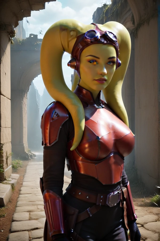 a ((fall body)) (((hera syndulla))) ((green skin )) ((female twi'lek ))mandalorian,walking on snow coverd ruins , ((green fire eyes )) , beautiful detailed eyes, beautiful detailed lips, extremely detailed face, long eyelashes, mandalorian armor, sci-fi, cinematic lighting, dramatic, epic, intricate details, hyper-realistic, 8k, high-quality, photorealistic