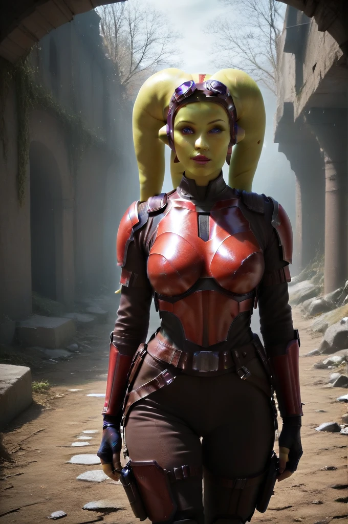 a ((fall body)) (((hera syndulla))) ((green skin )) ((female twi'lek ))mandalorian,walking on snow coverd ruins , ((green fire eyes )) , beautiful detailed eyes, beautiful detailed lips, extremely detailed face, long eyelashes, mandalorian armor, sci-fi, cinematic lighting, dramatic, epic, intricate details, hyper-realistic, 8k, high-quality, photorealistic
