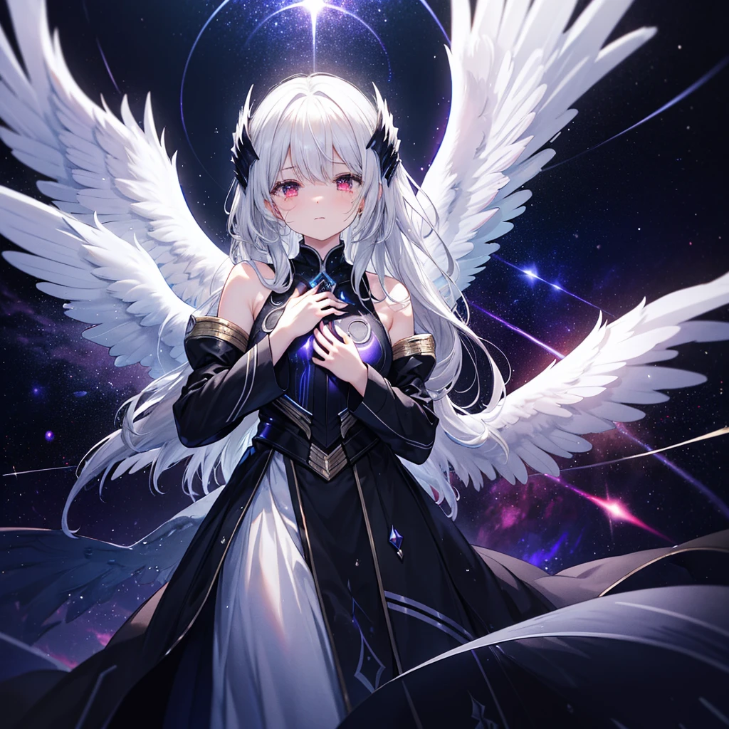 (((((Archangel、Place your hand on your chest、Face it、Close-up　Galaxy Background、Shine　tears、Reflection of light)))))　((((Pitch black ring　Fantasy　Long Hair、Black and white、Swaying in the Wind　Dull red eyes　Moe sleeves　Wings bigger than me))))　(((Lonely、despair　Disgust)))　((gloves))　(Distorted Space-Time　Big full moon)　Shine背景　Particles of light, Shineエッジ