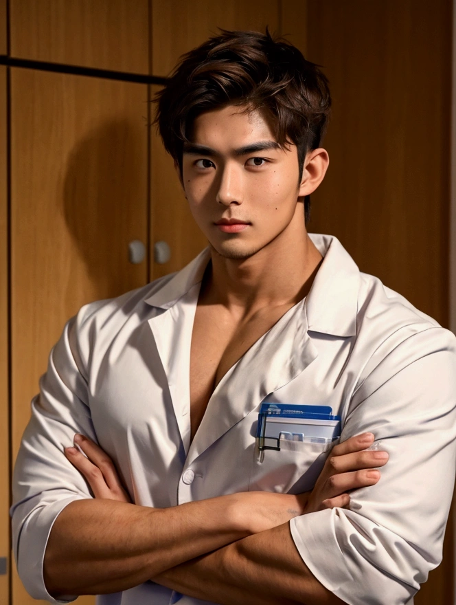 Medium shot,Medicine student,Cross your arms over your chest, cool , masculine,big muscle, 22 year old,tan skin,(messy brown hair),soft facial hair,handsome , in university