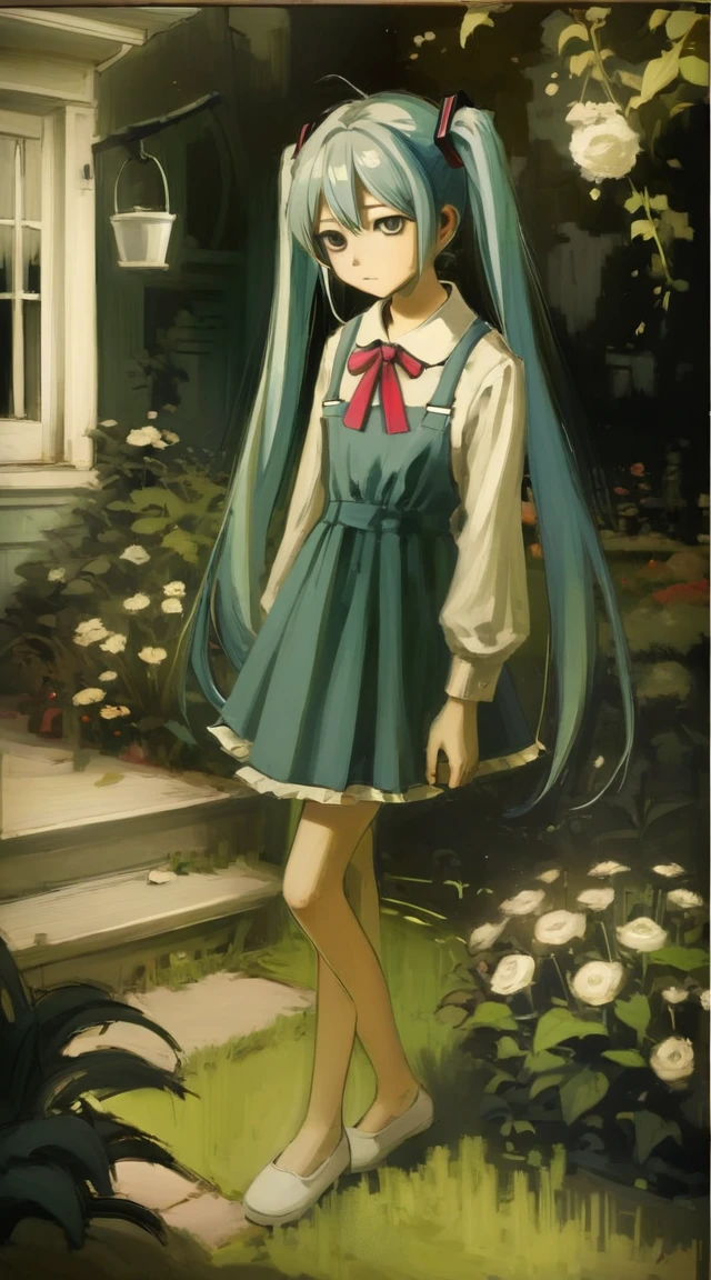hatsune miku,best quality, aesthetic, by iwzry, by solipsist, 1girl, young girl, at garden, full body