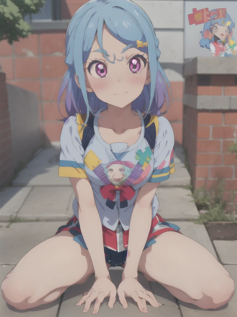 Penis in face, One girl, One boy, throw, big penis, Face sitting, Penis between the eyes, chest, Mature Woman, mio aikatsu, mine , sky blue hair, purple eyes,  NUDE, small breasts, hands on floor, (((penis on face))),　(((embarassing))), shy, blush, Shyness, (((Puzzled))), 