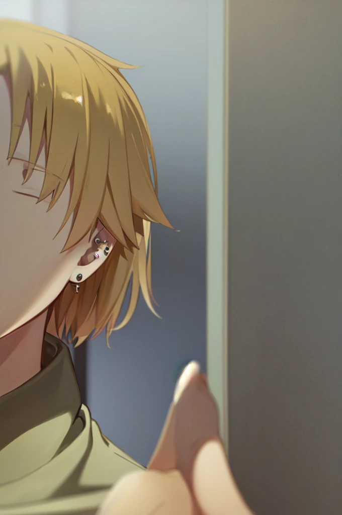 Masterpiece, best quality, 1boy, upper body, necktie, (black ear piercing), closed mouth, simple backround, blonde hair, expressionless, short hair, brown eyes