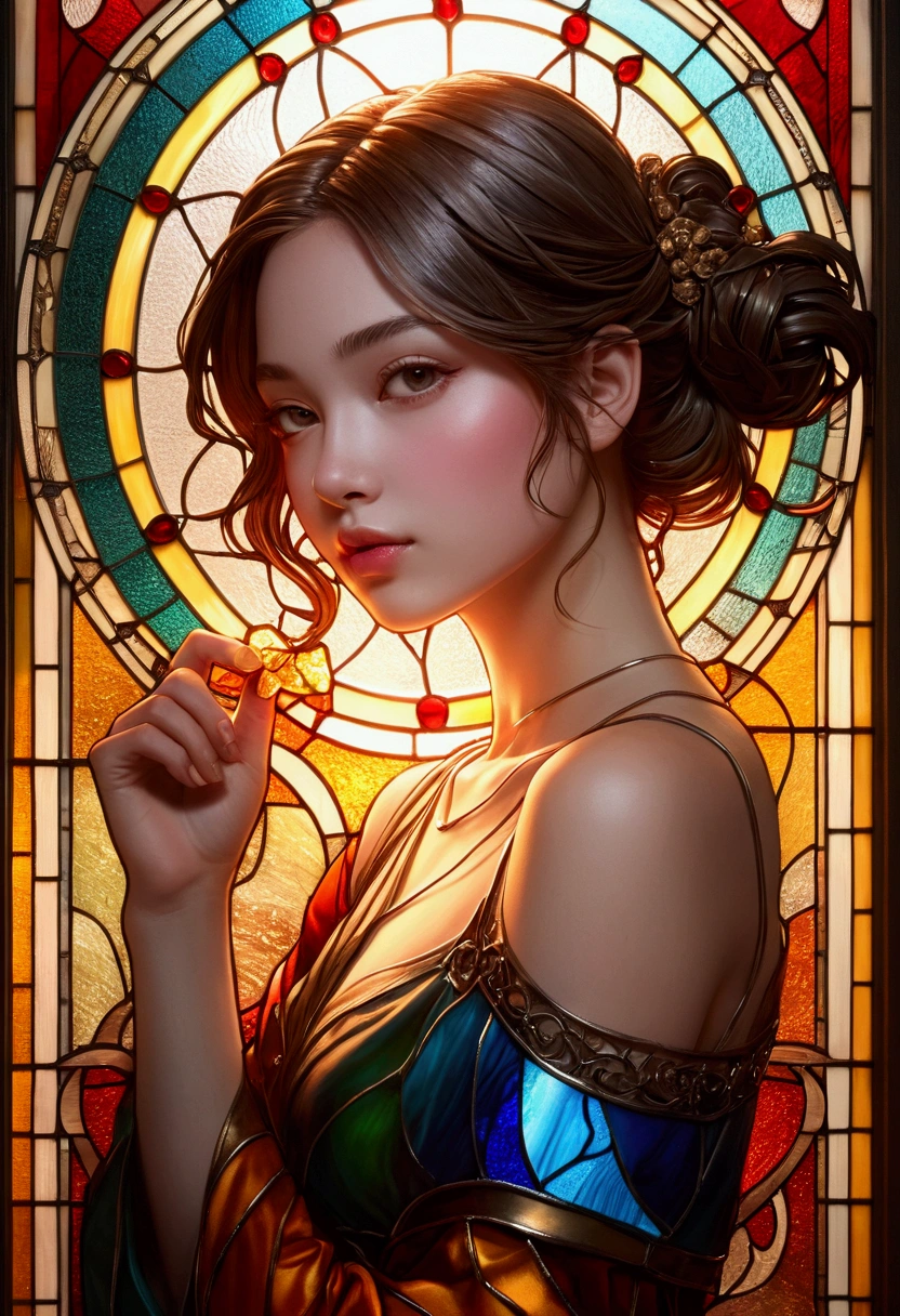 (masterpiece, Highest quality, Highest quality,Official Art, beautifully、aesthetic:1.2),(One girl:1.3), One girl BREAK stained glass art, Colored Glass, Lead wire, Light transmission BREAK Vivid colors, Intricate Design, Glowing effect, Spiritual atmosphere