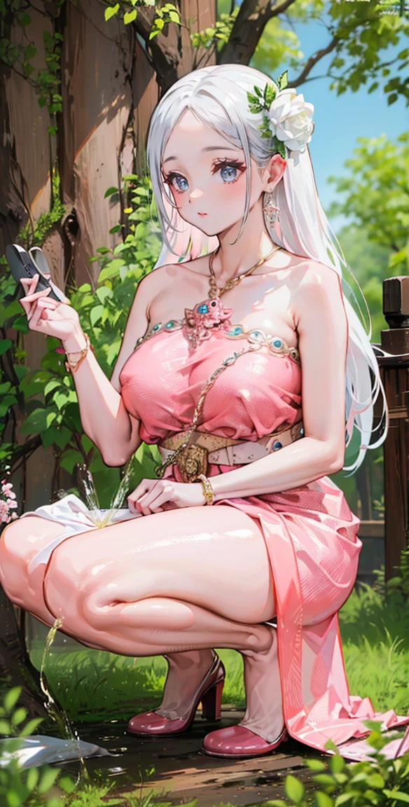 beautiful woman,folk girl,long, white hair and blue eyes,ฉันมีเปียlongทางด้านขวา.,She wears a blue Thai dress..,กระโปรงไทยโบราณlong,holding a jasmine garland,countryside,countryside,beautiful scenery,smile with teeth,forehead,forehead exposed,big ,rift, ,(2 young women ,beautiful woman),หน้าอกbig,Show your breasts,The cracks are clear.....,((หัวนมbig)),(pubic bone), rift, visible chest,seductive pose,I see bulging nipples.,(((areolae ขนาดbig:1.4,pink,The nipples are clearly visible........))),(Separate outfit showing nipples:1.4), (semi-naked:1.8), squatting, สาว pee in the toilet, ((((pee, pee self))), peeเชิงเส้น
