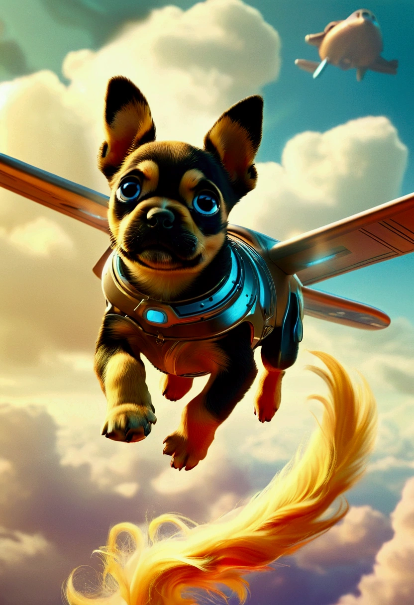 Flying Puppy, full body, by Boris Groh, cinematic still, (best quality, masterpiece), very aesthetic, perfect composition, intricate details, ultra-detailed, vivid colors