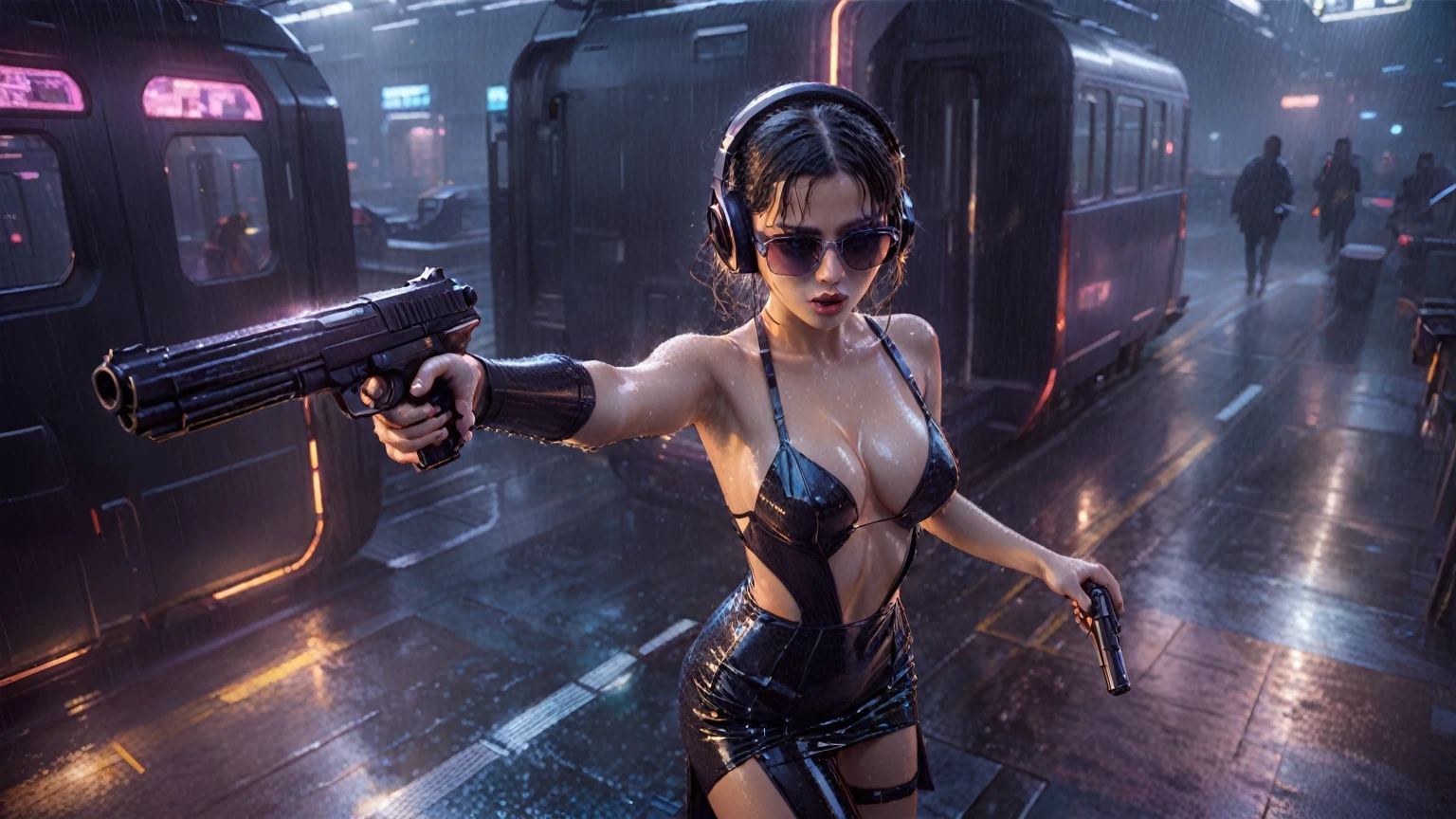 (((aerial view))), Blade Runner style futuristic railway platform, hi-tech train, neon lights, rainy night. (1girl, solo, alone), large-breast:1.2 slim body, cleavage:1.1, sexy wind blowing wet dress:1.4, headphone, (black sunglasses), (((she raised a pistol:1.8 and shot:1.8 the viewer))), dynamic pose, (((half-body thigh level medium shot))), cinematic lighting, lens flare, ray tracing, blurred:1.4 background.