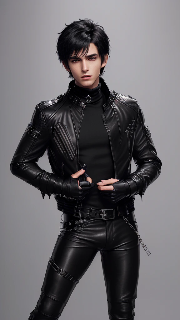 Final fantasy taste and reality graphics, ((Japanese young cute and cool ikemen  boy)), his age is early 20s, thin eyebrows and beady eyes,  ((he wearing black color leather  thick and heavy material jacket)), ((jacket is singlebrest)), ((biker style jacket)), ((jacket is large size)),((with epaulet)), ((jacket is long sleeve)), ((zipped front of the leather jacket)), , ((voluminous leather jacket)), ,((must jacket is high length and stand-up collar)) ((jacket collar with two belts)), ((jacket is a little black color line pattern)), ((also wearing black thick material turtleneck lackluster shirts)),  ((tight black leather pants)),  ((put black leather tight and thin glove on both hands)), ((black leather knee-high raceup boots)),((must views  head-to-toe)),((must views whole body)), ,((Do not show skin from the neck down)),leather jacket leather glove and leather pants have few wrinkles, Avoid showing your innerwear,zip up jacket fastner.must put on a leather glove.
Bous face is expression of ecstasy.
Boy is black hair.boy looks like fashion model.
