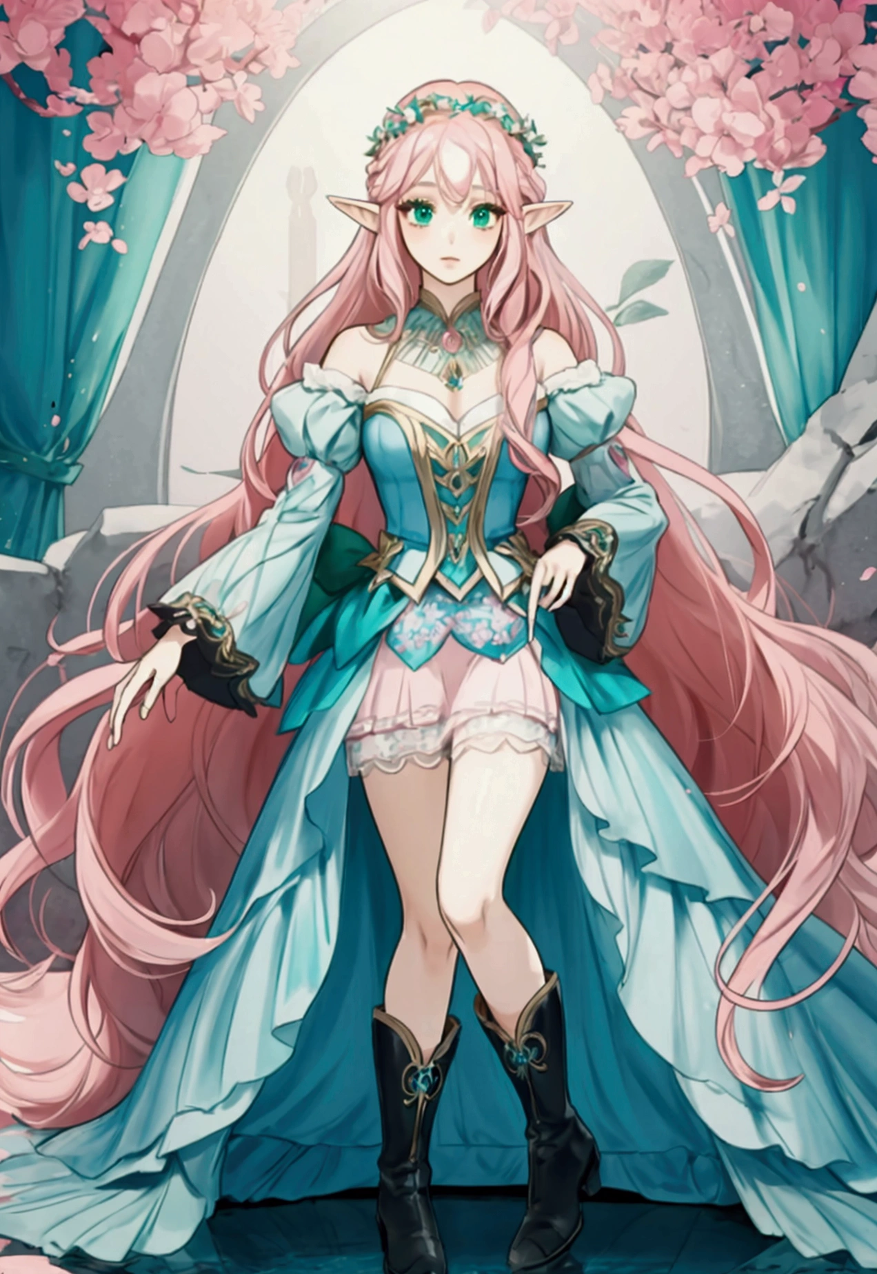 beautiful adult women elf, long pink hair and blue streaks hair, green eyes, with flower crown, black boots, blue dress, pink underskirt and black sleeves, full body.
