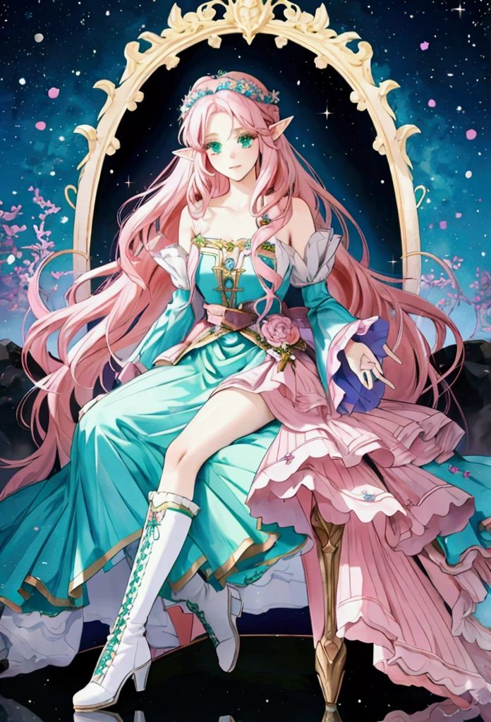 beautiful adult women elf, long pink hair and blue streaks hair, green eyes, with flower crown, black boots, blue dress, pink underskirt and black sleeves, full body.