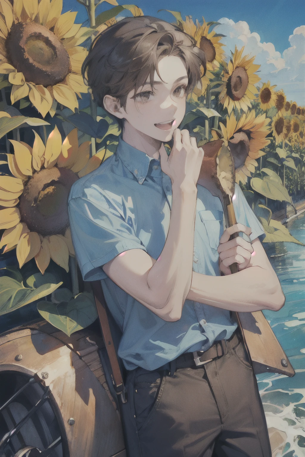 (masterpiece, top quality, best quality, official art, beautiful and aesthetic:1.2), (1boy:1.3), (fractal art:1.3),(Summer vacation:1.2),(Sunflower field:1.3),((A cool stream:1.2)),(Short sleeve shirt and short pants:1.25),(brown hair:1.1),(close-up Face:1.2),(Open Mouth Smile:1.3).