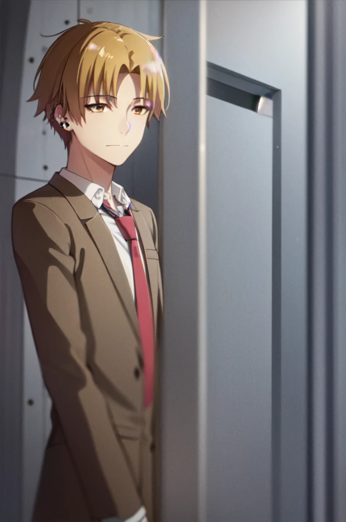 Masterpiece, best quality, 1boy, upper body, necktie, (black ear piercing), closed mouth, blonde hair, expressionless, short hair, brown eyes, smirk