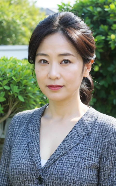 ((best quality, 8K, masterpiece: 1.3)), Reality, Clear focus, high quality, HD,Solitary, Japan, Middle-aged women, beauty, 43 years old, full, Huge sagging chest contour,Hair Bunch, Ponytail,Wrinkles at the corners of the eyes:0.5, Narrow backyard background