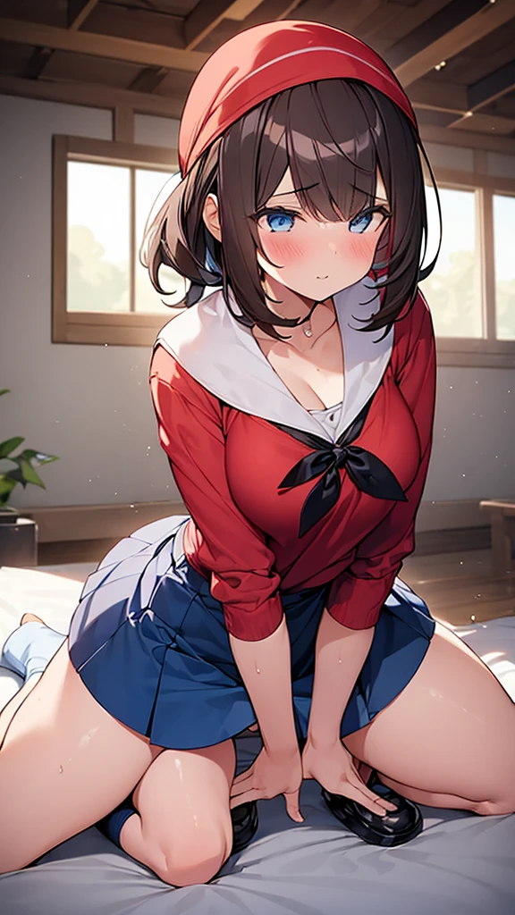 ((Girl having intense vaginal sex with man:1.3)), Anime One Girl, ハルカ Pokemon, 22歳, red bandana, Brown Hair, short hair, Blue eyes, Big Breasts, Chest cleavage, Bounce, Thighs, indoor, 32K,Super detailed,Ultra-detailed, The perfect ハルカ, Red clothes,Navy blue leggings under a short white skirt, ハルカ outfit, socks,  whole body, , {{A Pokemon trainer sees ハルカ passing by and has Metamon transform into an adult ハルカ and engage in intense vaginal sex with her.}}, Intense piston movement between a man&#39;s legs, NSFW