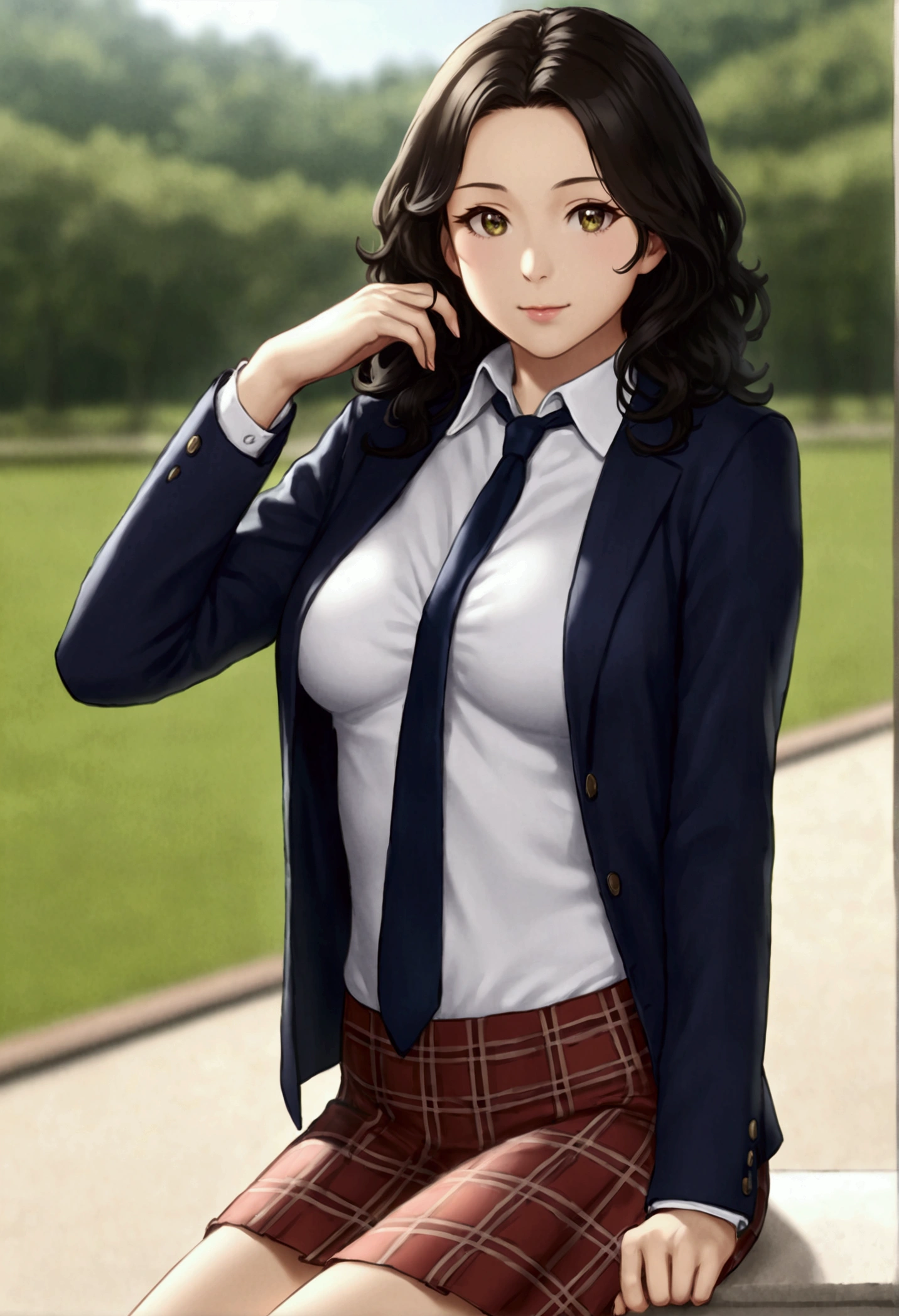 (best quality,realistic,sharp focus),1mujer, piel blanca, ojos verdes, sumisa, cuerpo completo, curvy, cuerpo muy sexy,classmates,casual ,beautiful young girl,white skin,curly black hair,honey eyes,complete body,wearing a plaid skirt,wearing a tie,provocative gaze,concentrate on the cleavage,slender physique