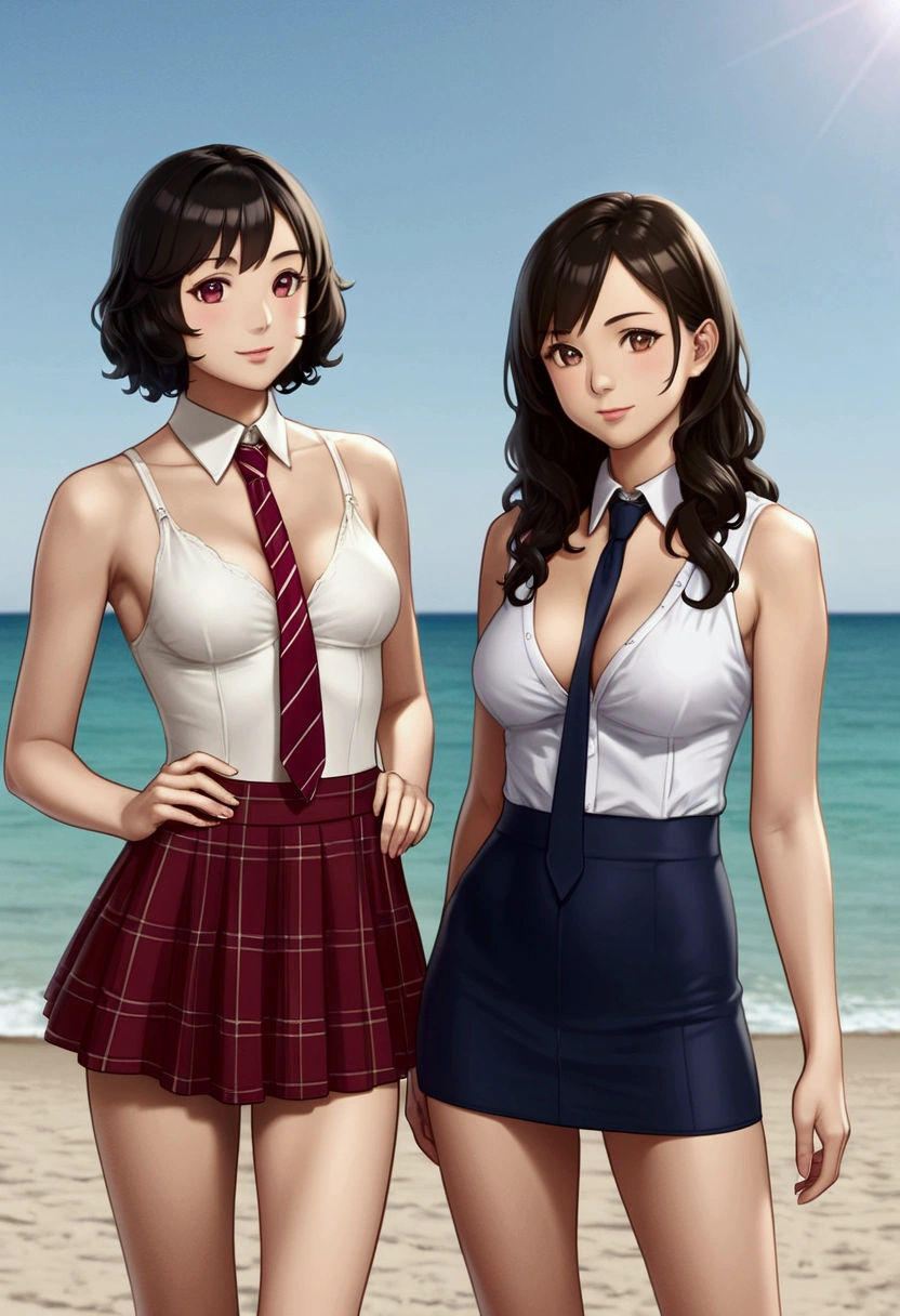 (best quality,realistic,sharp focus),1mujer, piel blanca, ojos verdes, sumisa, cuerpo completo, curvy, cuerpo muy sexy,classmates,casual ,beautiful young girl,white skin,curly black hair,honey eyes,complete body,wearing a plaid skirt,wearing a tie,provocative gaze,concentrate on the cleavage,slender physique