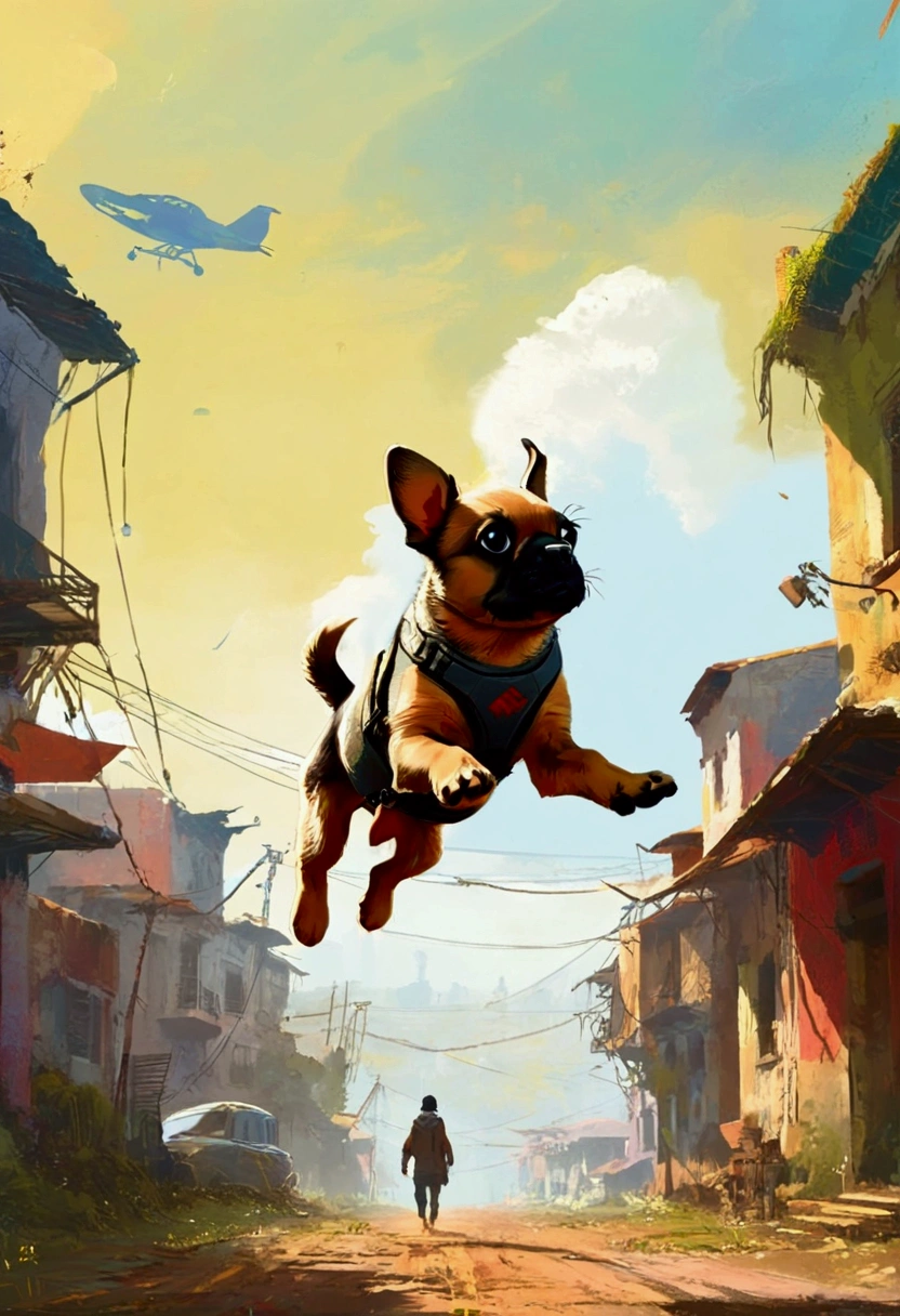 Flying Puppy, full body, by Cyril Rolando, cinematic still, (best quality, masterpiece), very aesthetic, perfect composition, intricate details, ultra-detailed, vivid colors