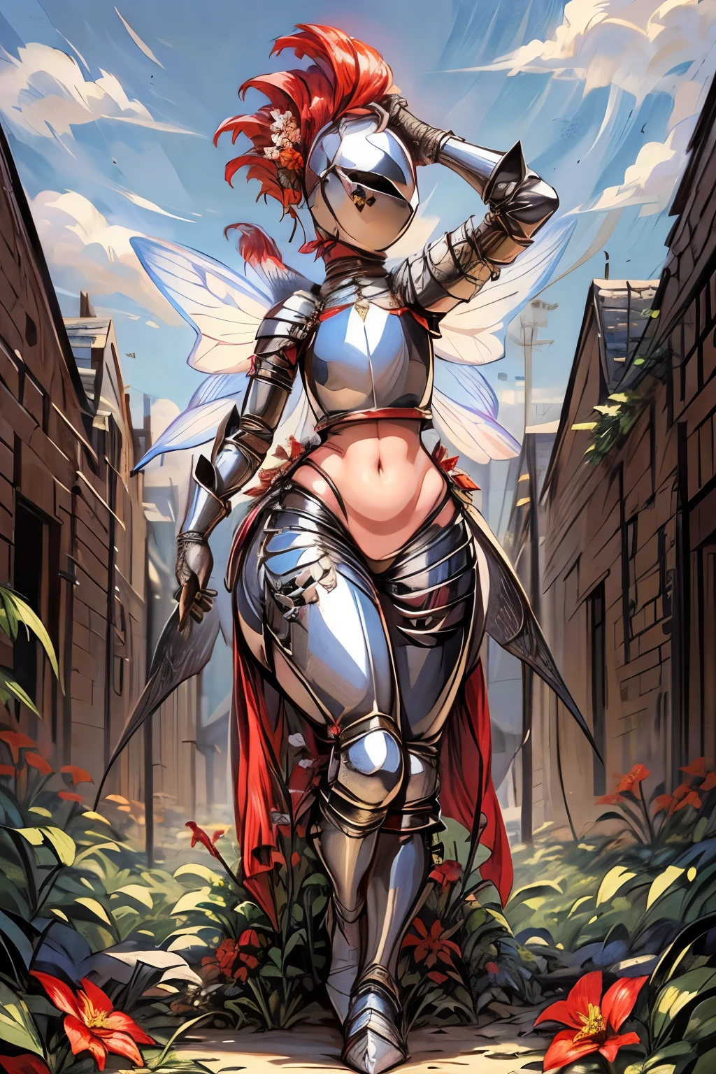 masterpiece, best quality, butterfly wings, (full body, full armor), kardiaofrhodes, helmet, plume, gauntlets, thighhighs, navel, breastplate, thighhighs, wide hips, (queen of fairy, with ornaments and flowers on top, flowers background:1.2)