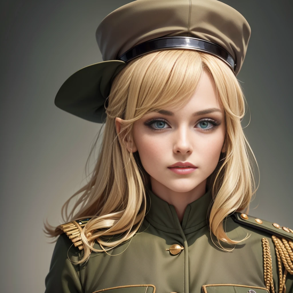 A beautiful blonde woman with striking green eyes, wearing a military uniform from BC Freedom, standing tall and proud, her hat adding a touch of formality to the scene, (best quality,4k,8k,highres,masterpiece:1.2),ultra-detailed,(realistic,photorealistic,photo-realistic:1.37),extremely detailed eyes and face,longeyelashes,military uniform,military hat,green eyes,blonde hair,portrait,military,realism