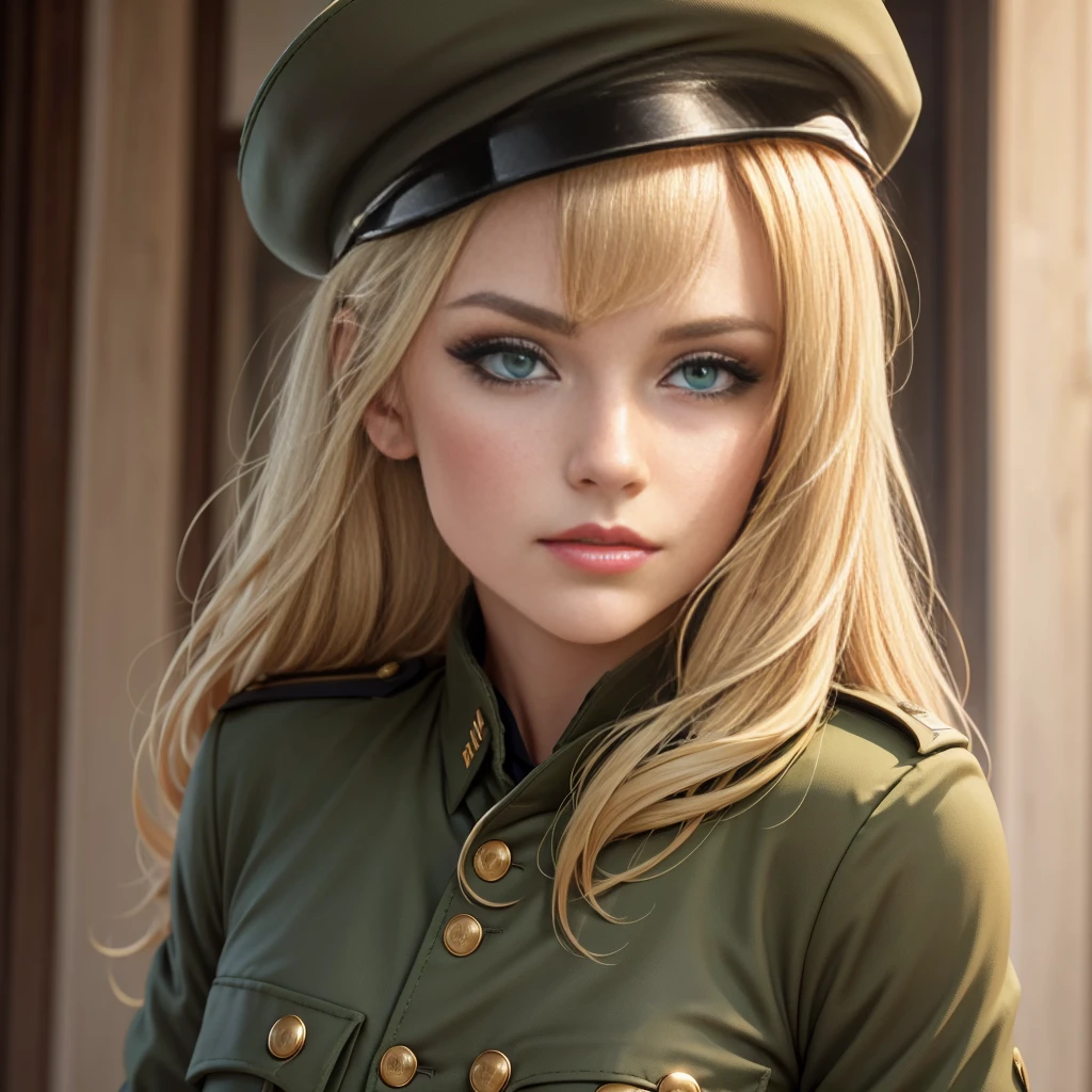 A beautiful blonde woman with striking green eyes, wearing a military uniform from BC Freedom, standing tall and proud, her hat adding a touch of formality to the scene, (best quality,4k,8k,highres,masterpiece:1.2),ultra-detailed,(realistic,photorealistic,photo-realistic:1.37),extremely detailed eyes and face,longeyelashes,military uniform,military hat,green eyes,blonde hair,portrait,military,realism