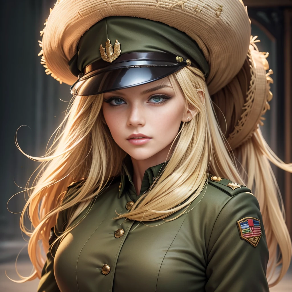 A beautiful blonde woman with striking green eyes, wearing a military uniform from BC Freedom, standing tall and proud, her hat adding a touch of formality to the scene, (best quality,4k,8k,highres,masterpiece:1.2),ultra-detailed,(realistic,photorealistic,photo-realistic:1.37),extremely detailed eyes and face,longeyelashes,military uniform,military hat,green eyes,blonde hair,portrait,military,realism