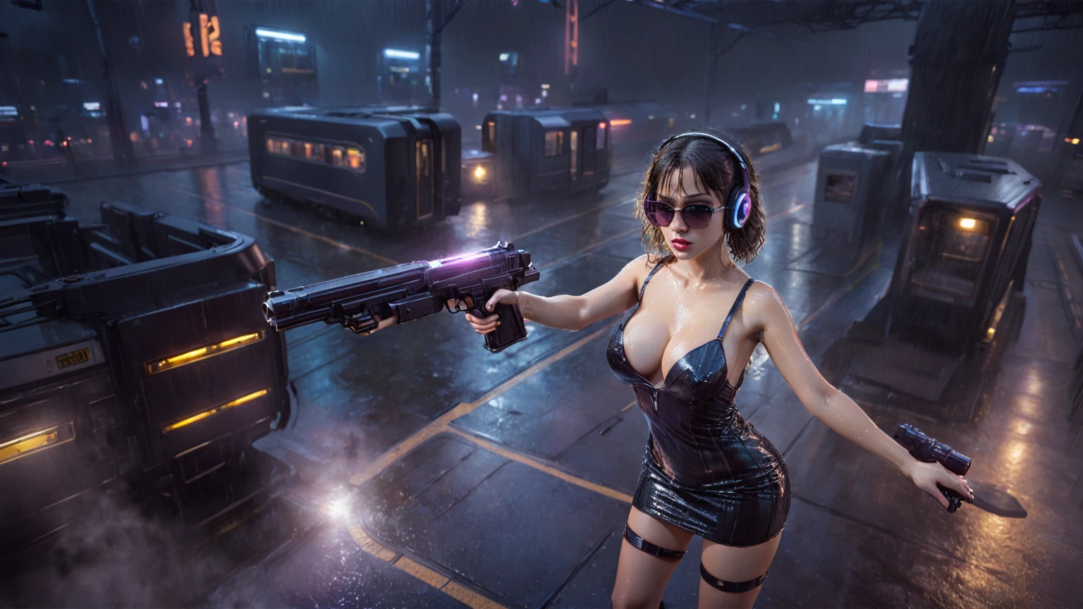 (((aerial view))), Blade Runner style futuristic railway platform, hi-tech train, neon lights, rainy night. (1girl, solo, alone), large-breast:1.2 slim body, cleavage:1.1, sexy wind blowing wet dress:1.4, headphone, (black sunglasses), (((she raised a pistol:1.8 and shot:1.8 the viewer))), dynamic pose, (((half-body thigh level medium shot))), cinematic lighting, lens flare, ray tracing, blurred:1.4 background.