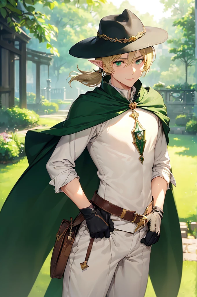 (((masterpiece; best quality: 1.2))), (finely detailed eyes: 1.3), (25 year old elf man), (solo), (green eyes: 1.4), (body; toned, fit, masculine: 1.3), (silky blonde hair in low ponytail: 1.3), (beautiful and clear background: 1.2), ((depth of field)), (equipment: adventurer garb + modest + elegant wide-brim hat + light-colored tunic + dark long cape + black pants + gloves + belt + pouches: 1.3), (anime illustration: 1.2), (background composition; royal garden: 1.1), (extremely fine and handsome: 1.1), (shot composition; standing + centered on torso + close-up: 1.5), (expression; calm, smile: 1.2)