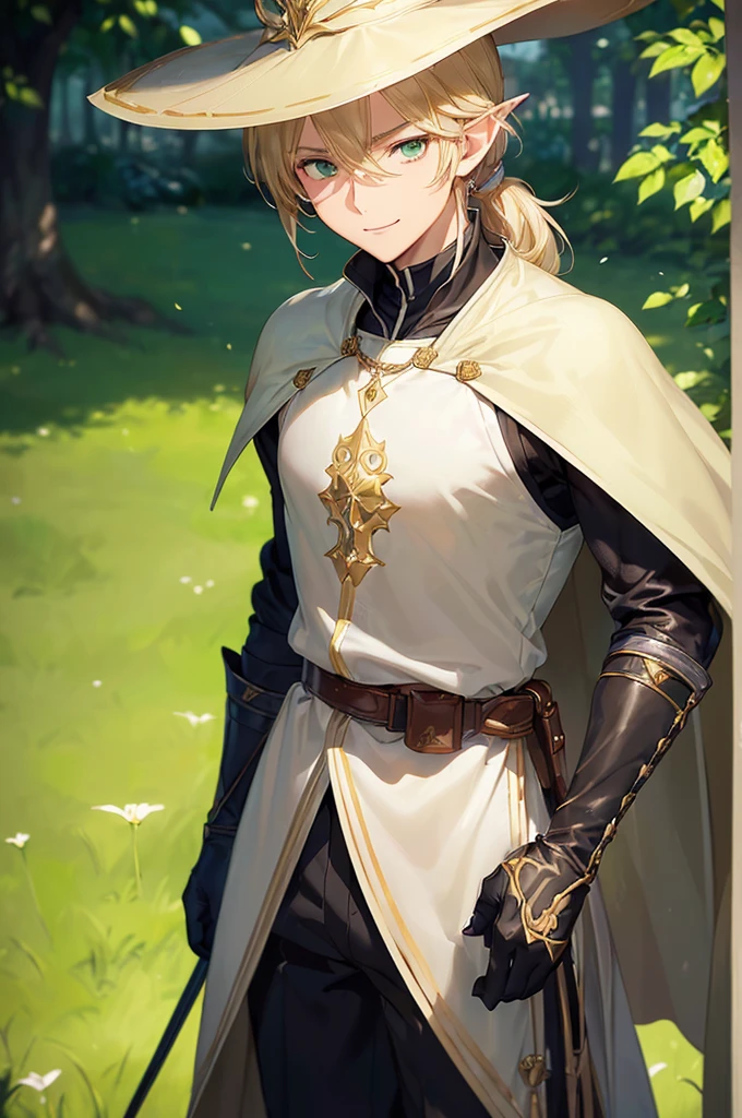 (((masterpiece; best quality: 1.2))), (finely detailed eyes: 1.3), (25 year old elf man), (solo), (green eyes: 1.4), (body; toned, fit, masculine: 1.3), (silky blonde hair in low ponytail: 1.3), (beautiful and clear background: 1.2), ((depth of field)), (equipment: adventurer garb + modest + elegant wide-brim hat + light-colored tunic + dark long cape + black pants + gloves + belt + pouches: 1.3), (anime illustration: 1.2), (background composition; royal garden: 1.1), (extremely fine and handsome: 1.1), (shot composition; standing + centered on torso + close-up: 1.5), (expression; calm, smile: 1.2)