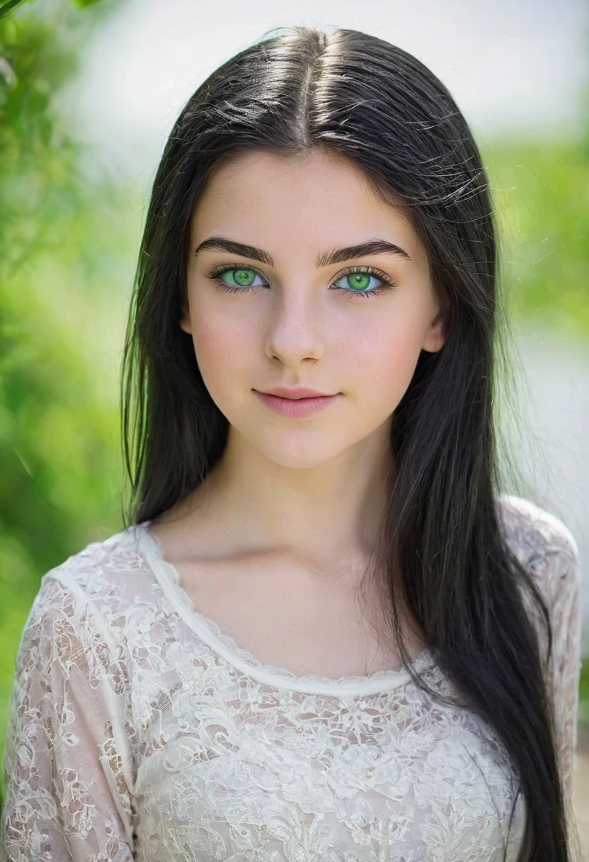 A 15-year-old white girl, black hair and green eyes, very pretty and with a very good body