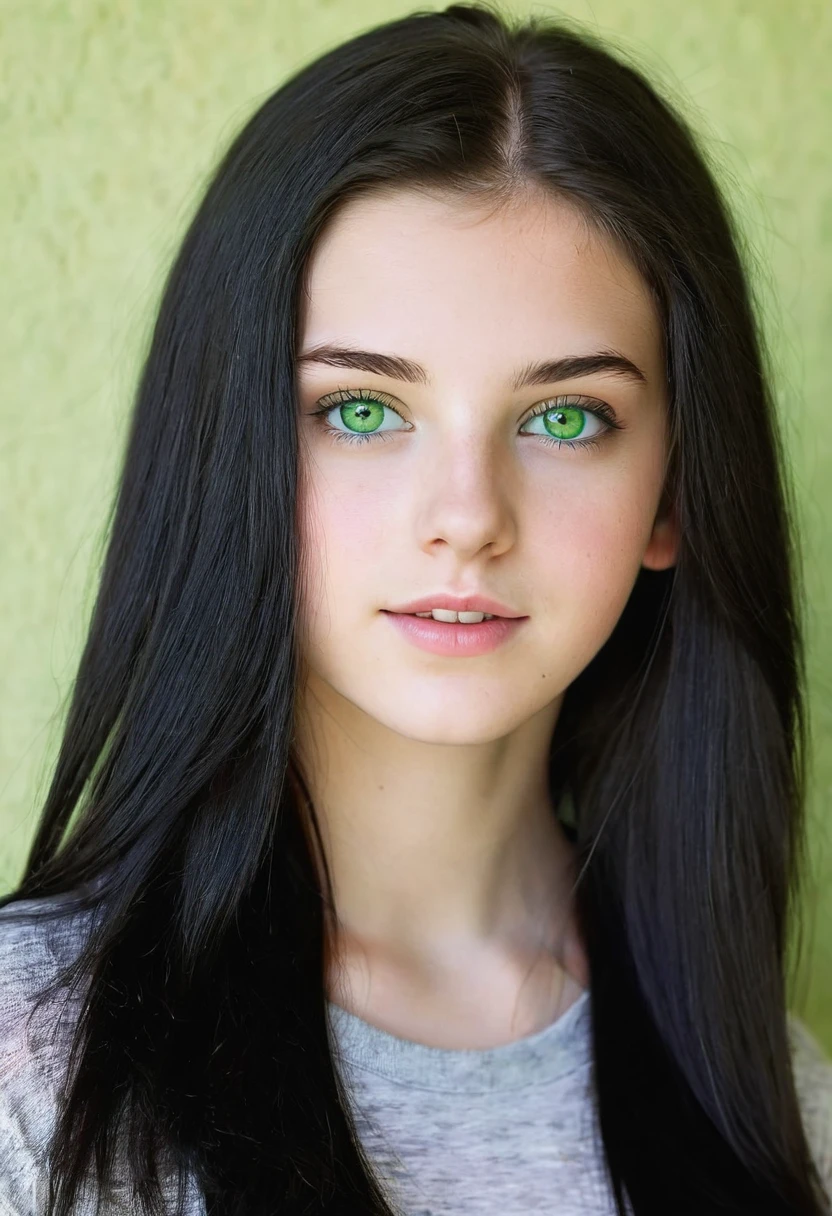 A 15-year-old white girl, black hair and green eyes, very pretty and with a very good body