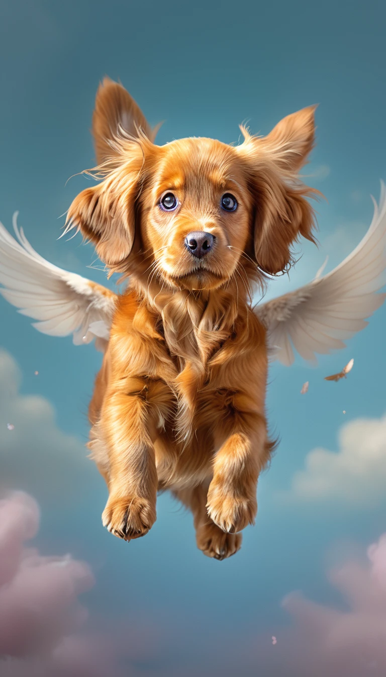 a cute and sweet flying puppy, adorable puppy, 1 puppy, fluffy puppy, playful puppy, puppy with wings, fantasy puppy, whimsical puppy, adorable puppy portrait, detailed puppy face, beautiful puppy eyes, cute puppy expression, puppy in the sky, puppy flying, puppy levitating, pastel colors, soft lighting, cinematic lighting, fantasy art, digital painting, highly detailed, award winning, (best quality,4k,8k,highres,masterpiece:1.2),ultra-detailed,(realistic,photorealistic,photo-realistic:1.37)