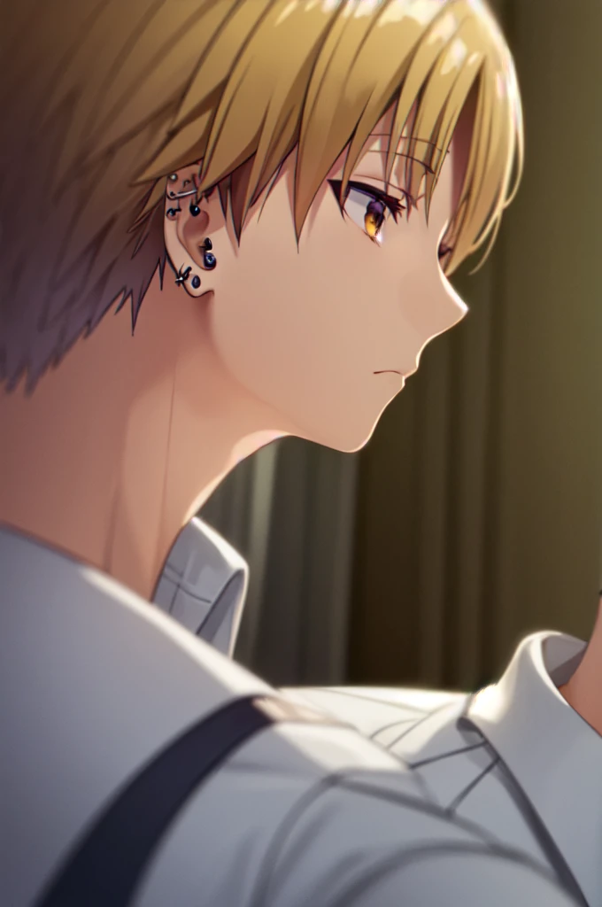 Masterpiece, best quality, 1boy, necktie, (black ear piercing), closed mouth, simple backround, blonde hair, expressionless, short hair, brown eyes, face