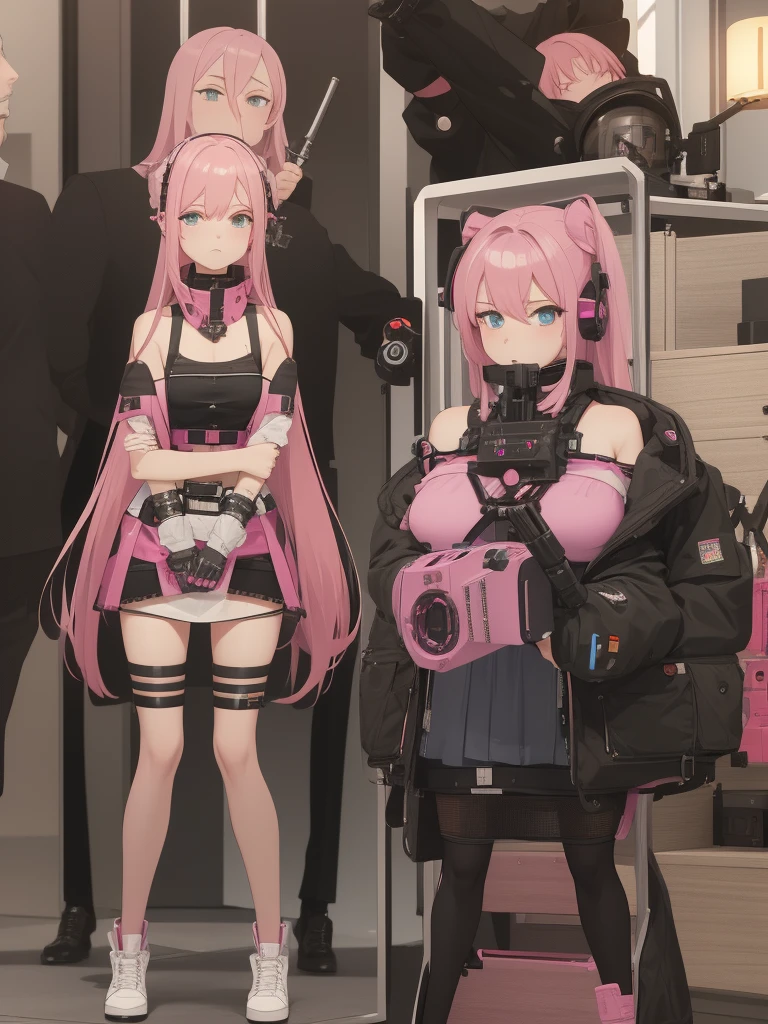 machines,vibrator,mini skirt,panty,surrealism,machine gun,pink hair
