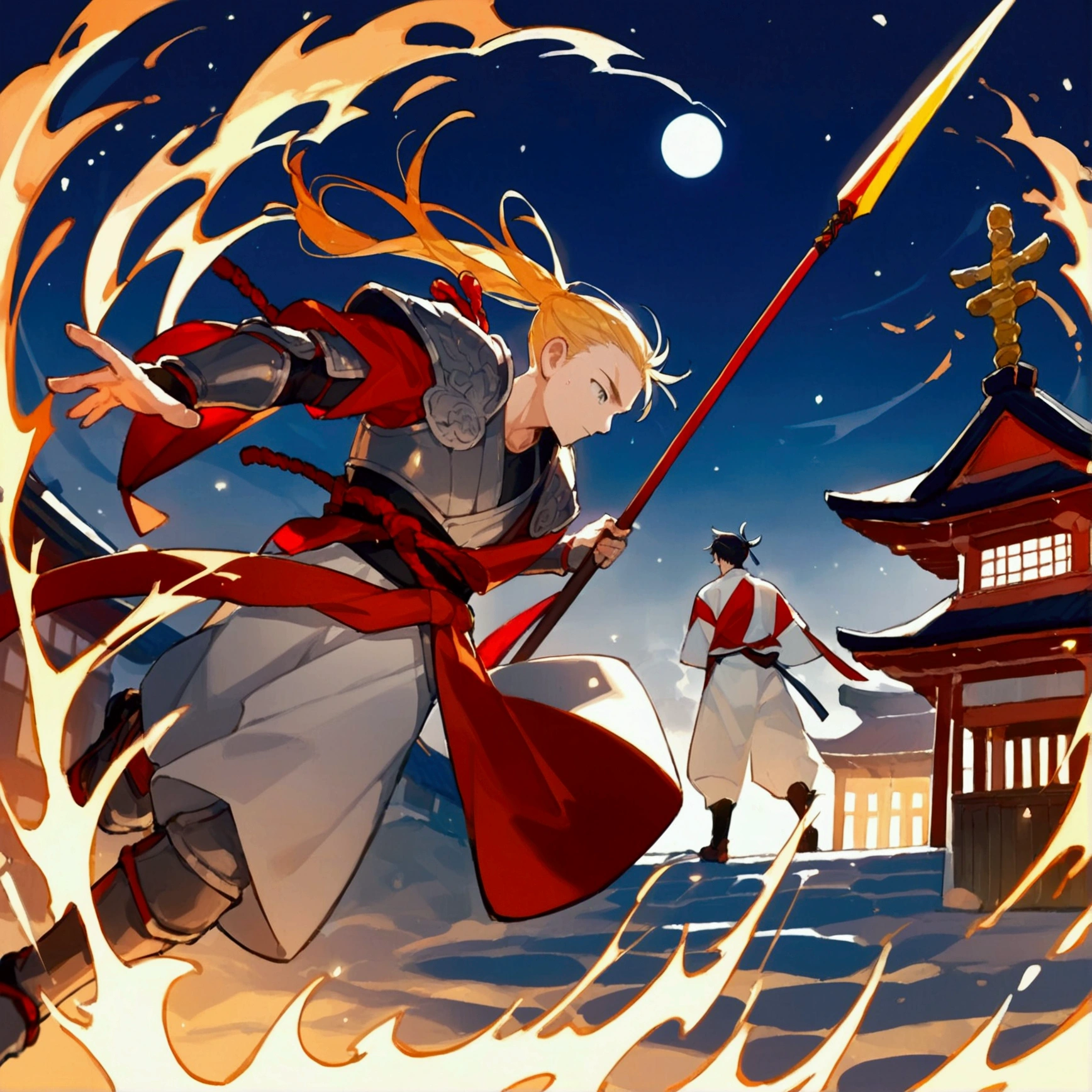 score_9, score_8_up, official art, anime, midnight, dynamic angle, cinematic lighting, 1boy, a middle aged japanese samurai wearing armor, he runs in the burning japanese town, holding short spear,