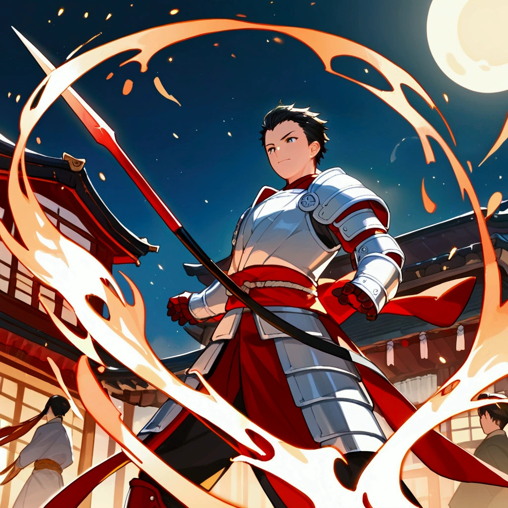 score_9, score_8_up, official art, anime, midnight, dynamic angle, cinematic lighting, 1boy, a middle aged japanese samurai wearing armor, he runs in the burning japanese town, holding short spear,