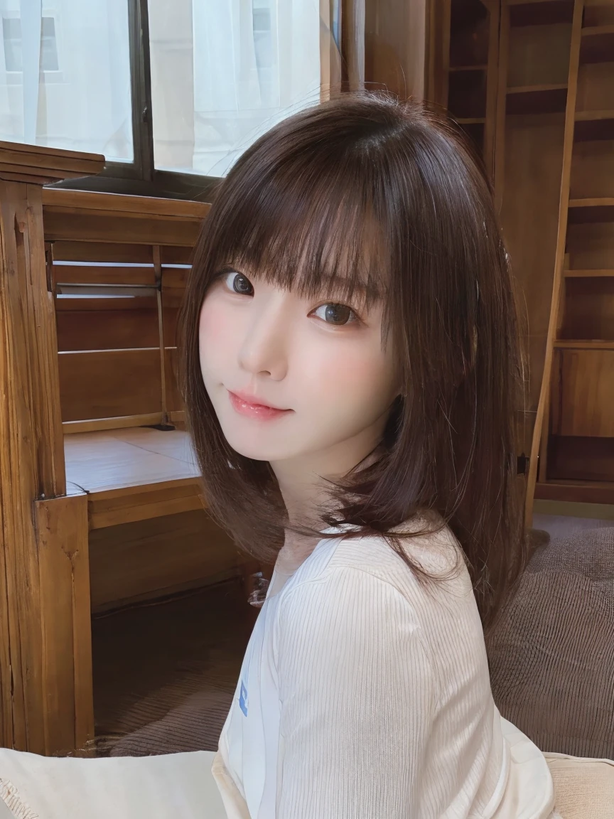 8k, RAW Photos, Highest quality, masterpiece, Realistic, photo Realistic, clear, Professional Lighting, beautiful face, Highest quality,Ultra-high resolution, Very detailed, One girl, face, 笑faceのアップ、From the shoulders up、library