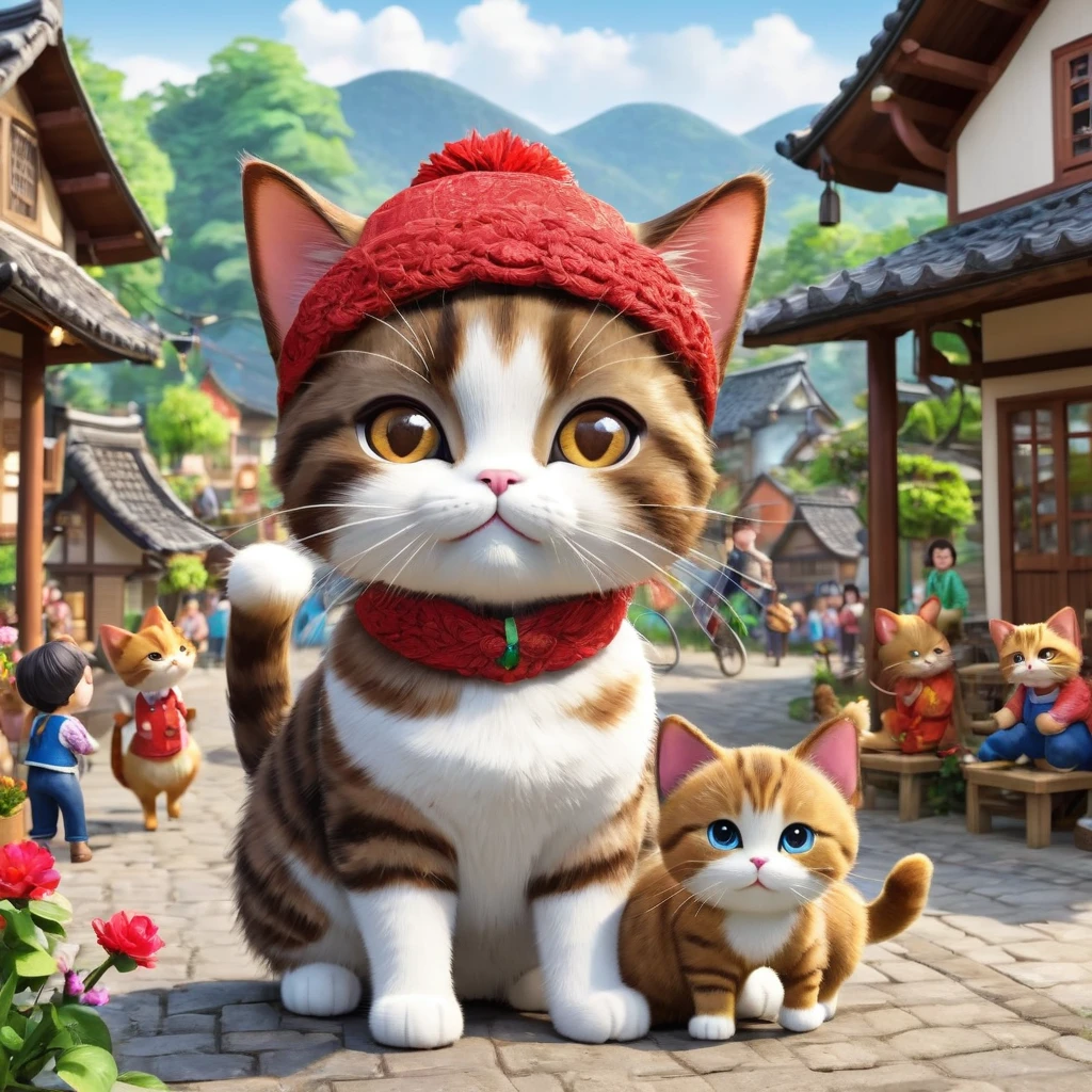 These scenes are depicted in a highly realistic style.、Make sure the cat&#39;s facial expressions and movements are exaggerated like a human&#39;s。

The main character is a chubby brown cat with cute eyes. The main character is the same. In the village square.、Villagers celebrate Mimi&#39;s return。Mimi was revered as the village&#39;s protector.、He impresses everyone with his confident demeanor.。The villagers are shown listening to Mimi&#39;s tales of adventure.。