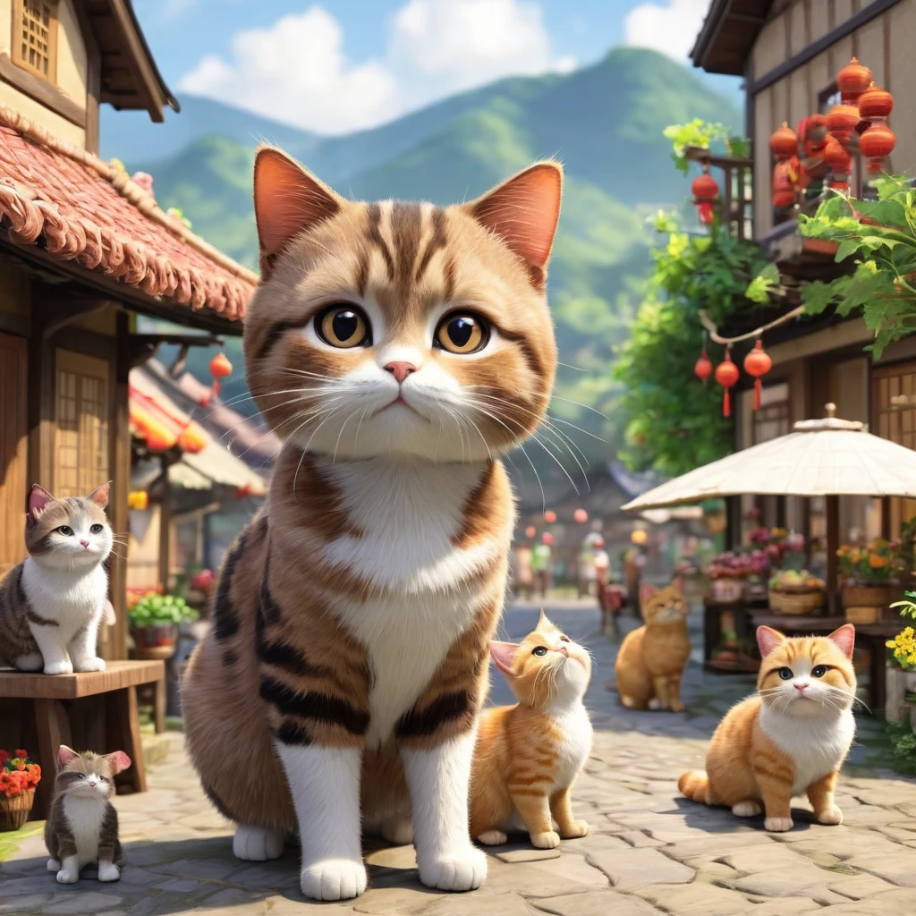 These scenes are depicted in a highly realistic style.、Make sure the cat&#39;s facial expressions and movements are exaggerated like a human&#39;s。

The main character is a chubby brown cat with cute eyes. The main character is the same. In the village square.、Villagers celebrate Mimi&#39;s return。Mimi was revered as the village&#39;s protector.、He impresses everyone with his confident demeanor.。The villagers are shown listening to Mimi&#39;s tales of adventure.。