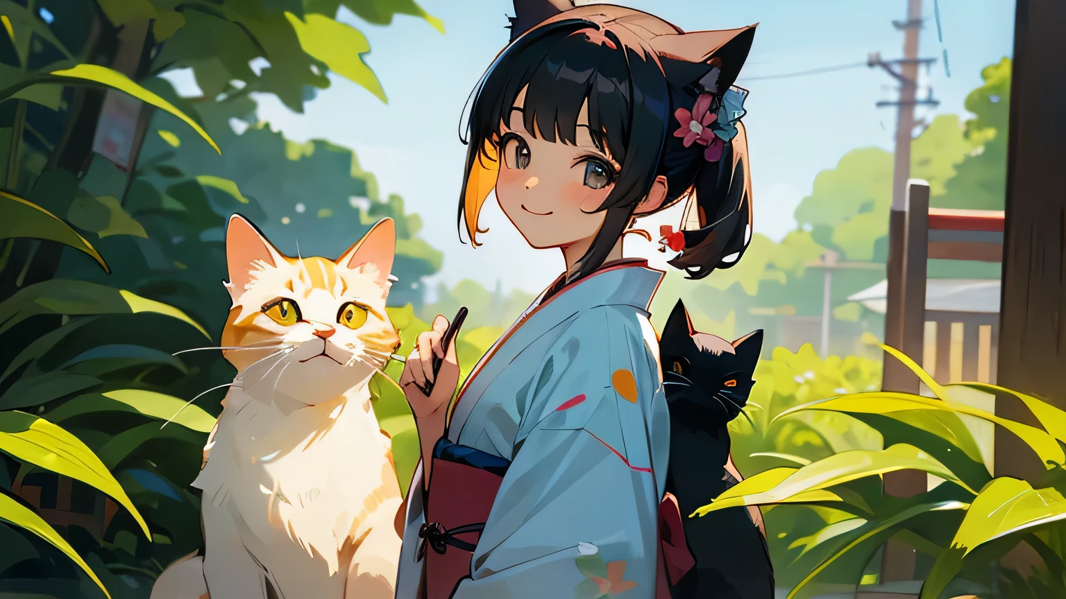 kimono,smile girl,cat,bright,summer,