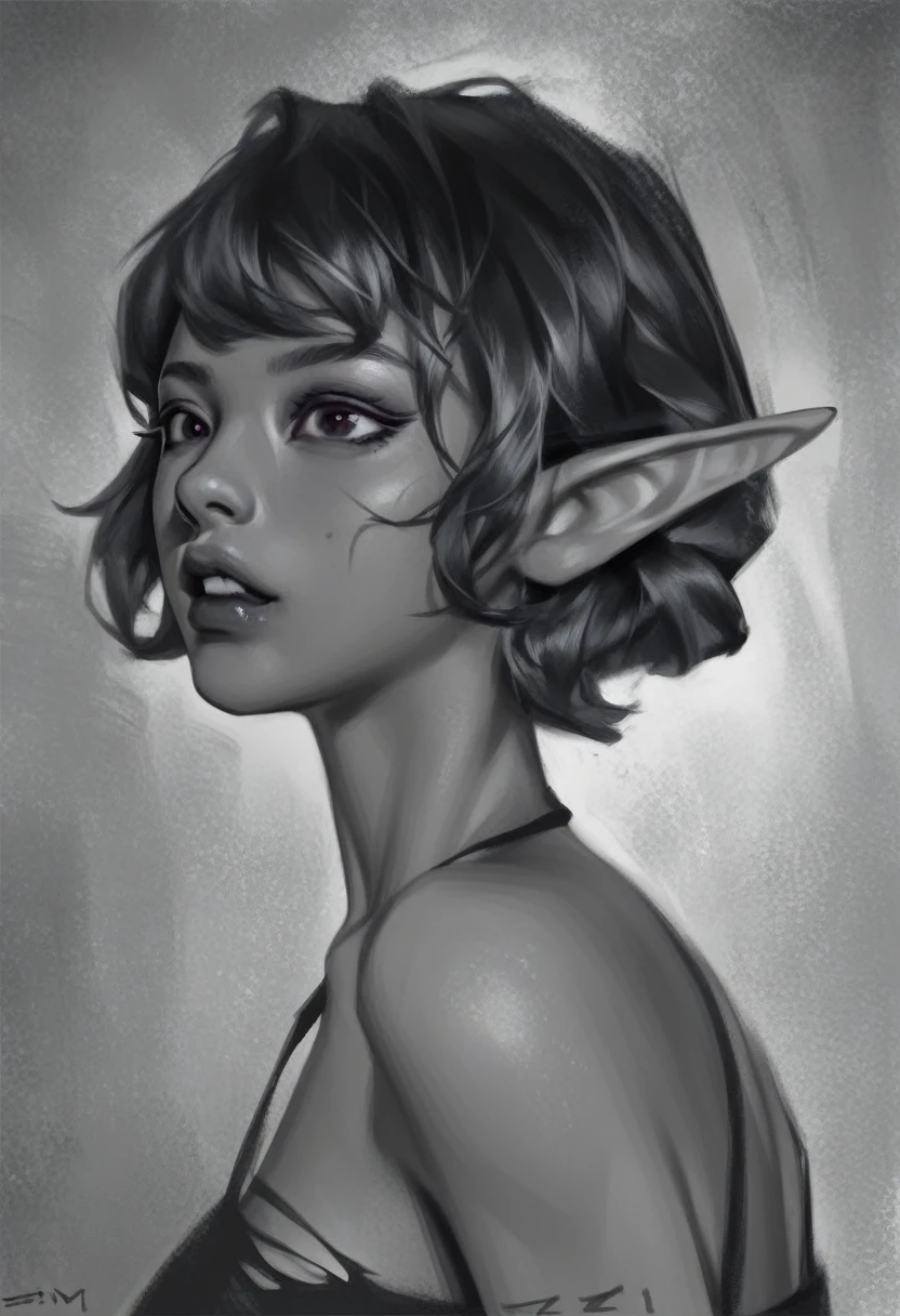 smudgy, traditional art, liu2, brush texture, score_9, score_8_up, score_7_up, score_6_up, score_5_up, score_4_up, BREAK, here is a painting of a female dark elf, black and white, dark female elf, torn hair, short hair, full black eyes, ultra-detailed face, illustration, (masterpiece, high quality:1),