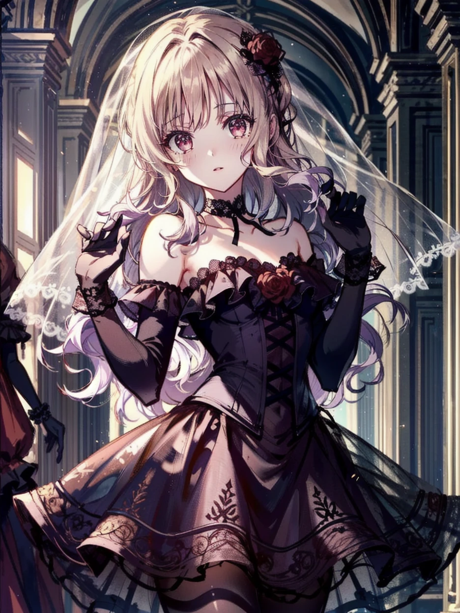 (masterpiece, best quality)
YuiDiabolikLovers, 1girl, solo, long hair, breasts, looking at viewer, , bangs, blonde hair, red eyes, gloves, dress, ribbon, holding, cleavage, medium breasts, standing, collarbone, ponytail, flower, short sleeves, sidelocks, outdoors, parted lips, choker, elbow gloves, dark gloves, off shoulder, dark dress, red ribbon, strapless, rose, high ponytail, red flower, dark dress, veil, strapless dress, red rose, bouquet, wedding dress, off-shoulder dress, long dress, bridal veil, red choker, ribbon choker, holding bouquet, evil smile, Black dress: A fitted black party dress with a mermaid cut that highlights the curves. Deep V neckline and black neck, sensuality.

Opera Gloves: Long black box-shaped gloves that cover shadows, paired with the dress for an elegant and mysterious look.

Stockings and Garter: Black boxing tights have muscles, held in place by a black boxing garter with ribbon detail.

Shoes: Black patent leather high heels, with stiletto design.

Accessories: black choker with a small necklace and a black wedding bike that fits slightly at the back.

Makeup: Spectacular makeup with dark eyes, black eyeliner and dark lips.

Painted: an elegant recipe with some details that match the face of a gothic and romantic hat.
 