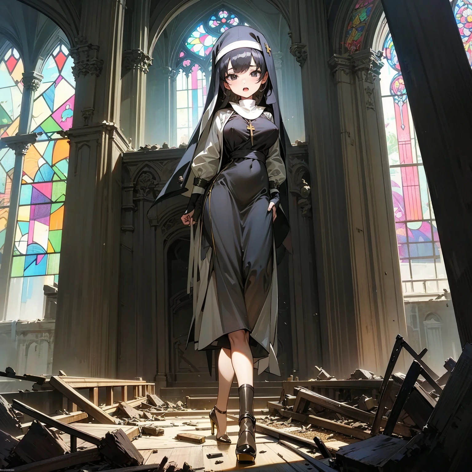 (solo), 1 skinny nun, (black sheer nun's robe), large breasts, stiletto heels, BREAK, black short hair, long sidelocks, black eyes, BREAK, short torso, skinny waist, skinny long legs, BREAK, old rotten church, devastated ruin, stained glass, BREAK, orgasm, coverd erectile nipples