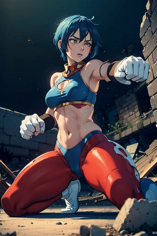 (best quality,masterpiece,ultra highres,cel anime,8k:1.2),(1man:1.5),1mature woman in(short blue haired,30years old), BREAK (in the ruins:1.5),(dark night:1.2),(abs:0.8), BREAK (blue leotard in red line:1.3), BREAK (red yoga pants:1.4), BREAK (white gloves:1.4), BREAK (navel cutout:1.5),(sweat:1.2),(sholder bare), BREAK (selious, scowl:1.2),(motion blur),(fighting stance:1.3),(punching,rushpunch:1.4),