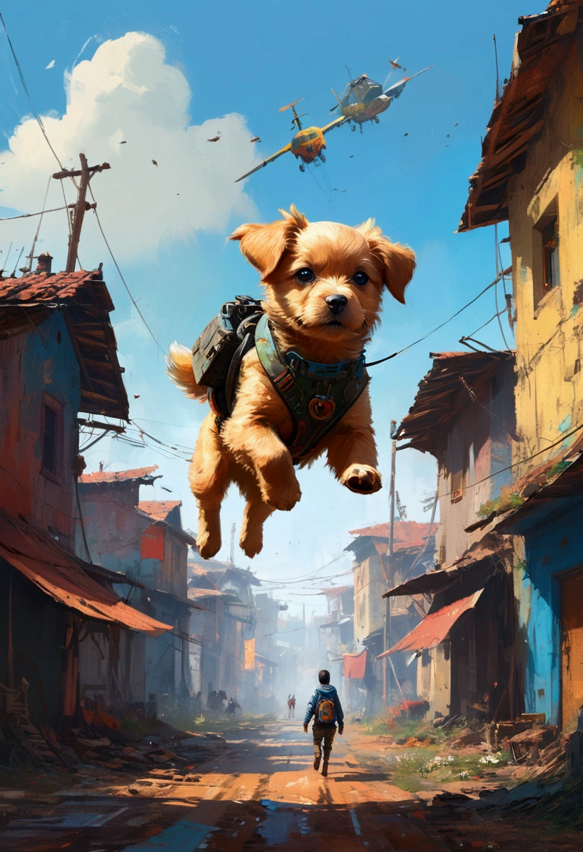 Flying Puppy, full body, by Ismail Inceoglu, cinematic still, (best quality, masterpiece), very aesthetic, perfect composition, intricate details, ultra-detailed, vivid colors