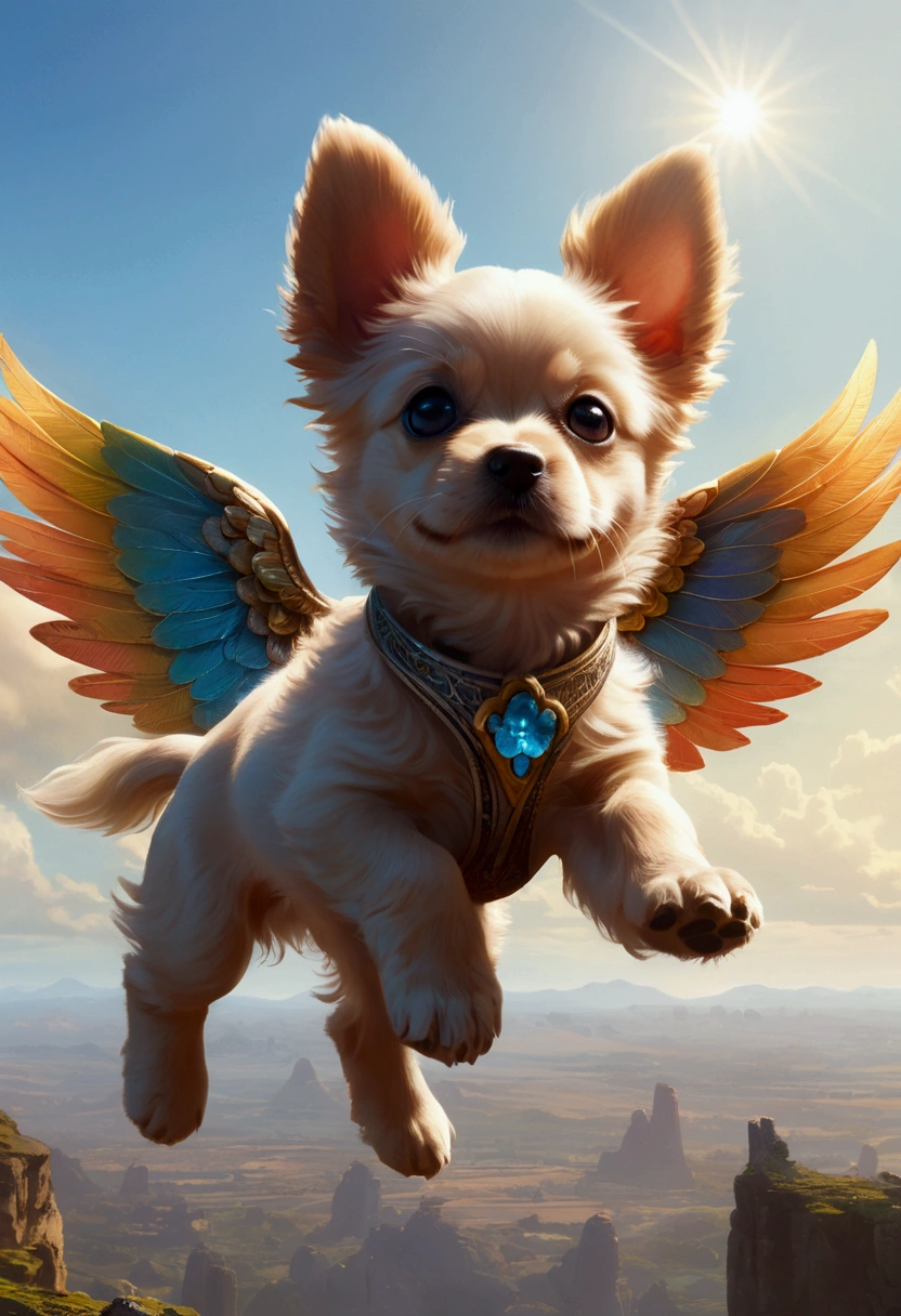 Flying Puppy, full body, by Jordan Grimmer, cinematic still, (best quality, masterpiece), very aesthetic, perfect composition, intricate details, ultra-detailed, vivid colors